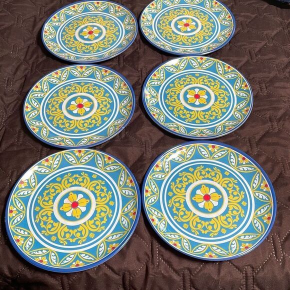 Melamine Vibrant Set 6 Blue Yellow Red 7 1/2” Salad Plate Mediterranean Floral - Picture 1 of 6